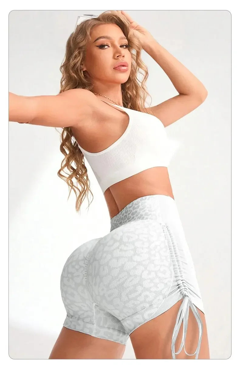 Women High Waist Yoga Shorts Side Drawstring Sexy Leopard Print/Sports Shorts Gym Athletic Running Leggings Workout Shorts