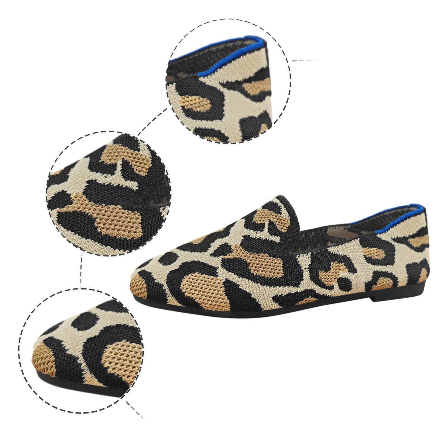 Ladies Flat Bottom Shoes Leopard Printing Square Toe/Mesh Breathable Shallow Mouth Shoes