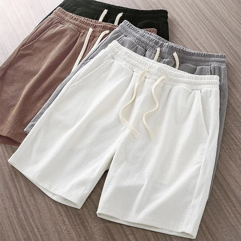 Men Shorts Solid Color Mid Waist Summer Motion Waffle Texture/Deep Crotch Drawstring Male Shorts Loose Knee Length Casual Short