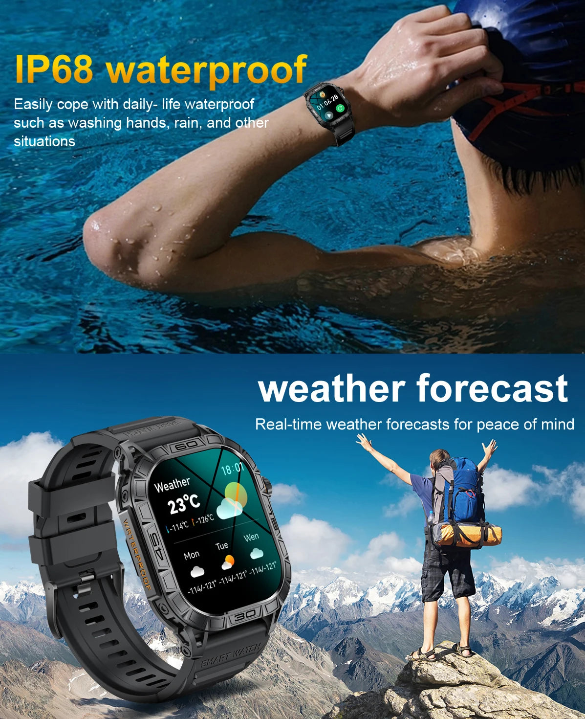 EIGIIS New Smart Watch ED Display 100+ Sport Mode With Compass/IP68 Waterproof Bluetooth Call Heart Rate Blood Pressure Men K63
