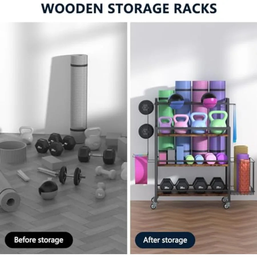 4-Tier Large Capacity Gym Storage Rack for Dumbbells Kettlebells Foam Roller/Yoga Mat Resistance Bands with Hooks and Wheels