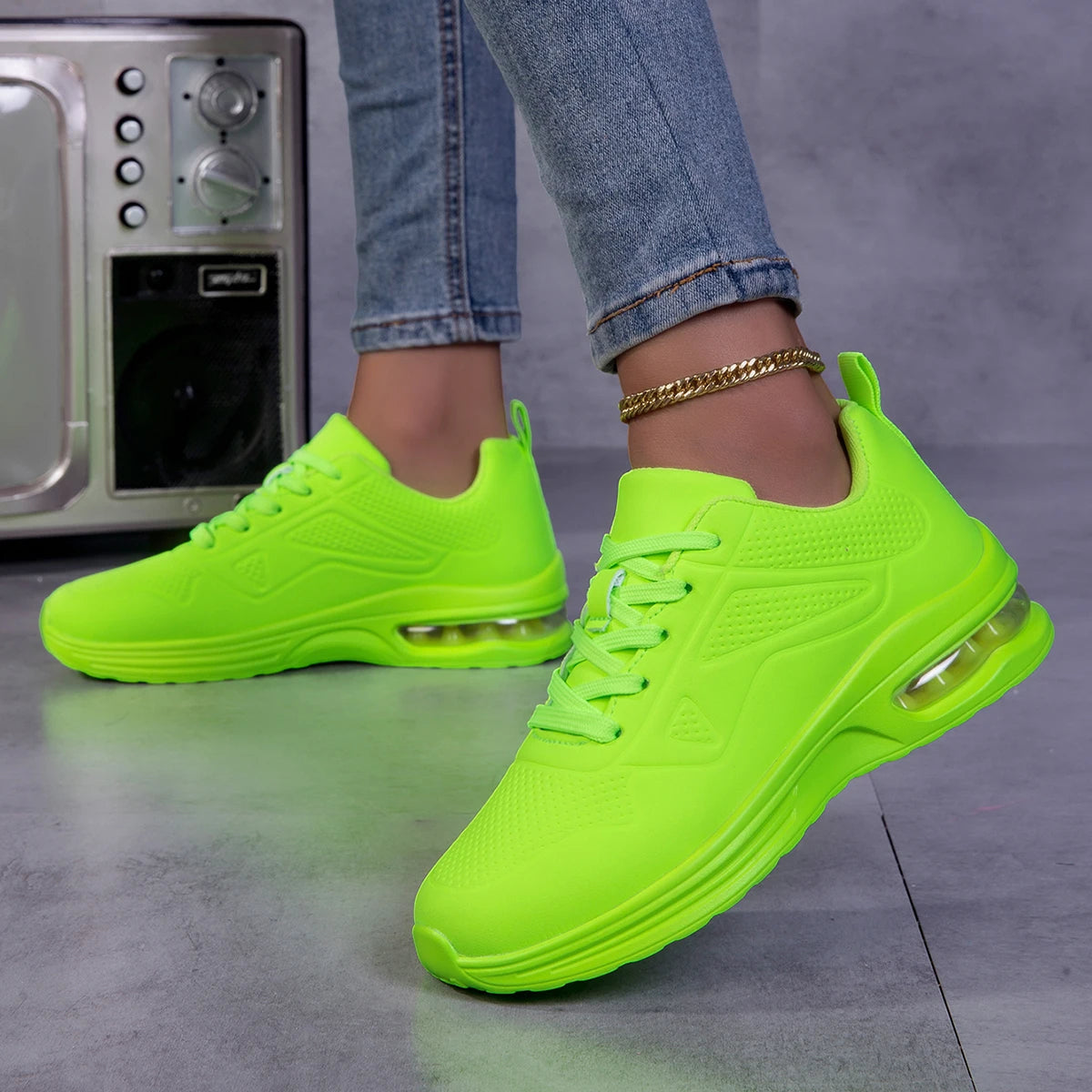 Women Solid Color Air Cushion Walking Sneakers Breathable/Soft Upper Shock Absorb Non Slip Lace Up Lightweight Sports Shoes Gym