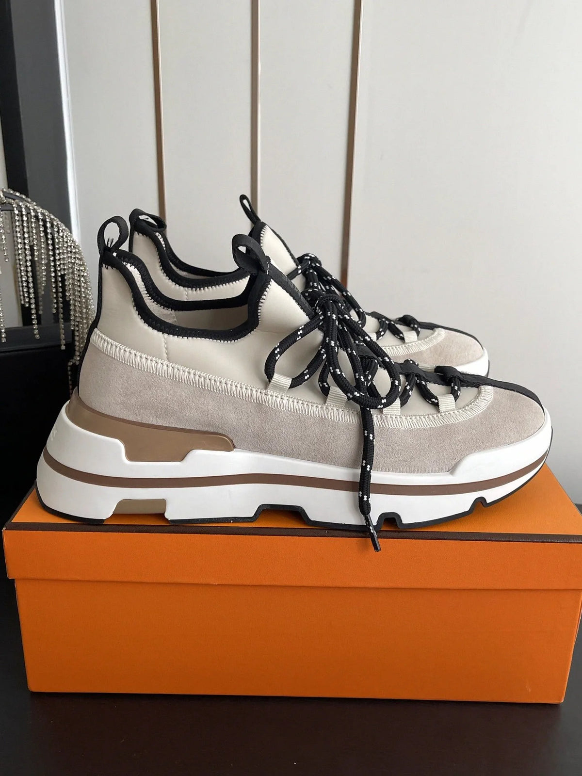 Beige Black Suede Platform Thick Sole/Sneakers for Men