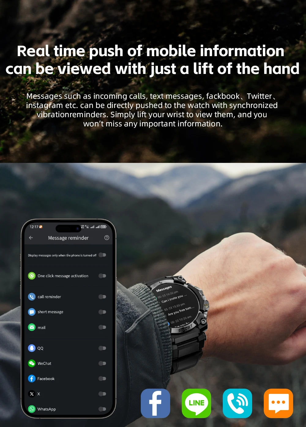 LOKMAT New Rugged Smart Watch Bluetooth Calls Wristband/Fitness Tracker Flashlight Message Push Heart Rate Monitor for Phone