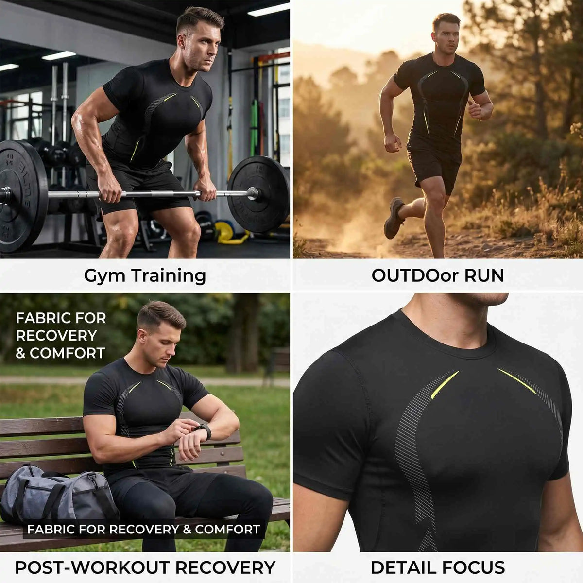 3-Pack Men's Compression Shirts Short Sleeve Gym Tops/Contour Line Workout Tees Moisture-Wicking Quick-Dry Performance