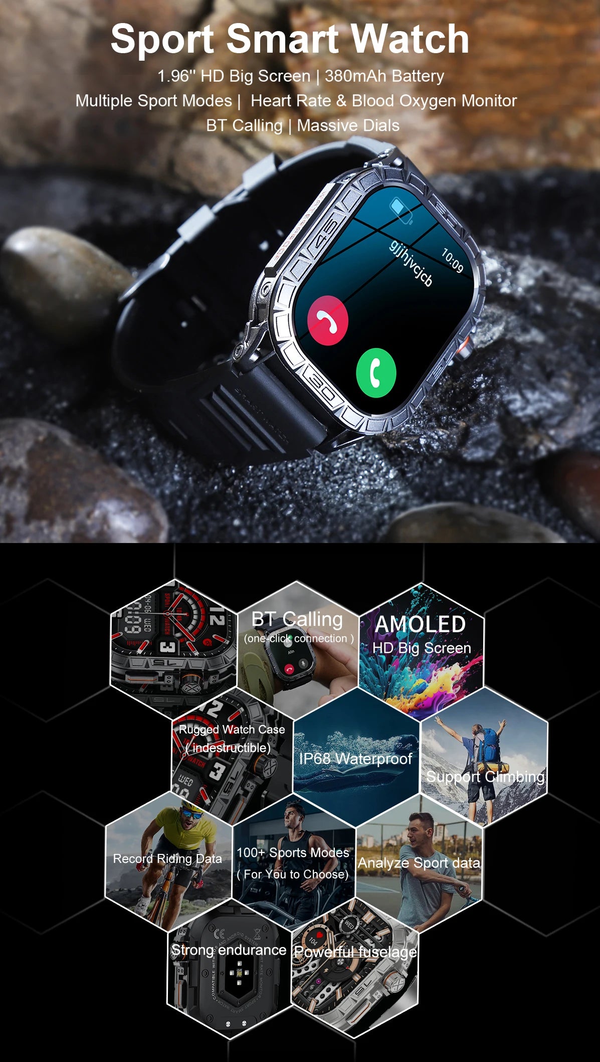 EIGIIS New Smart Watch ED Display 100+ Sport Mode With Compass/IP68 Waterproof Bluetooth Call Heart Rate Blood Pressure Men K63