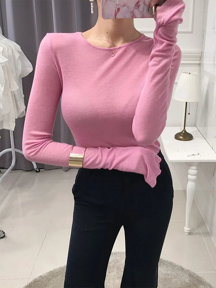Women's Long Sleeve Slim Fit/T-shirt Elastic Soft Casual Top for Daily Wear