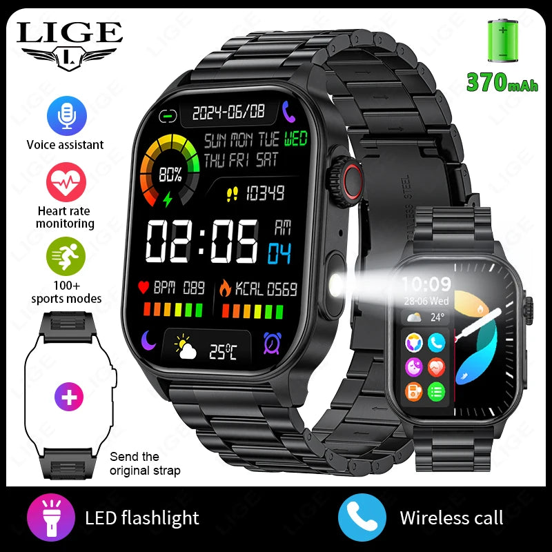 LIGE New Smart Watch LED Flashlight Military Sport Watches/2.01'' Screen Health Monitor Bluetooth Call Waterproof Smartwatch Men