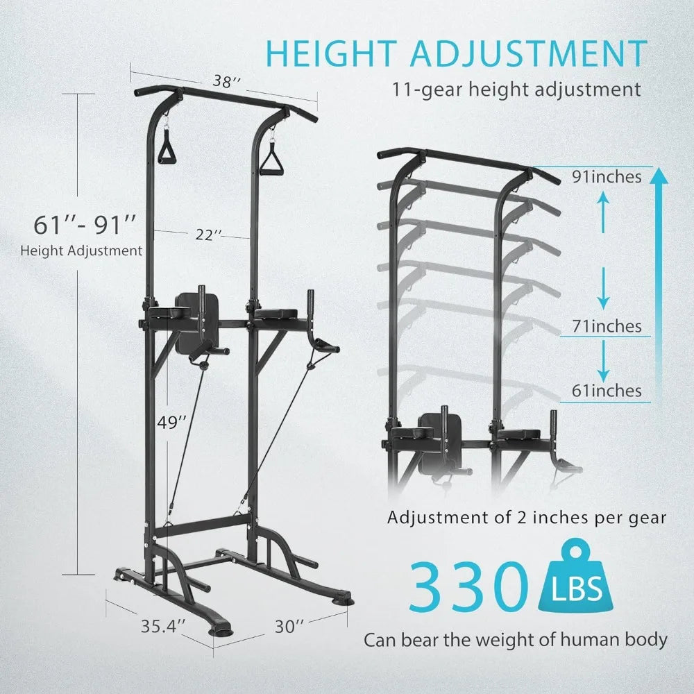 Height Adjustable Multi-Function Power Tower with Backrest Workout/Dip Station Pull Up Bar Stand Fitness Strength