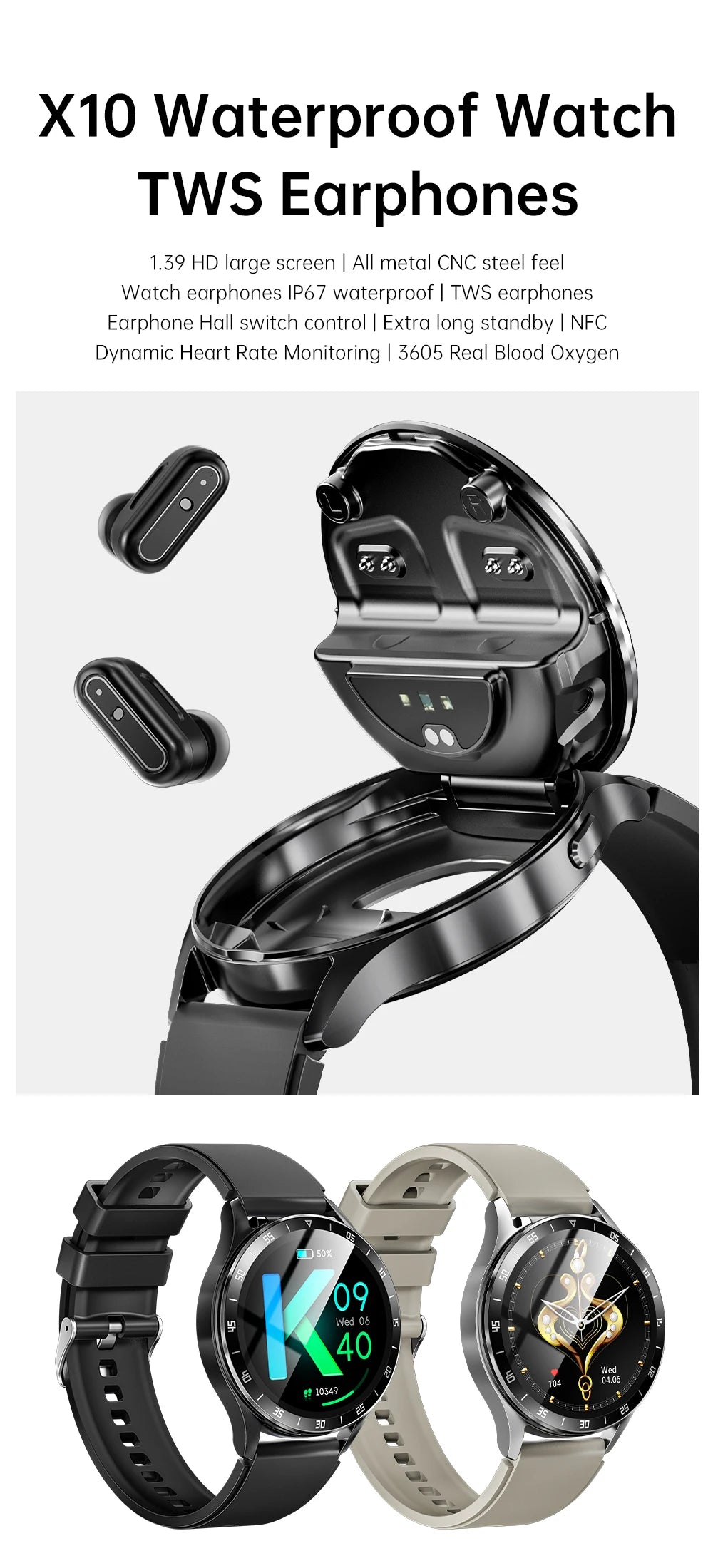 GEJIAN X10 smartwatch TWS 2-in-1 wireless Bluetooth dual earphone/call health sports music men and women smartwatch