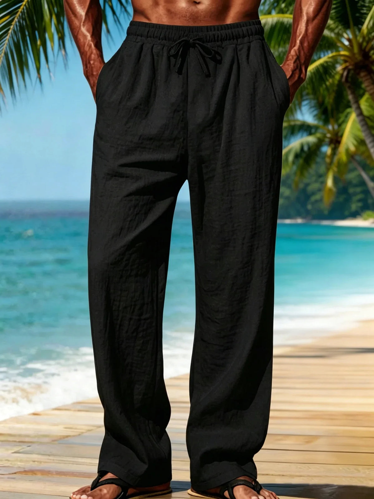Men's Casual Wide Leg Pants Elastic Waist Drawstring Loose Straight Trousers/with Pockets Lightweight for Beach Vacation Daily Wear