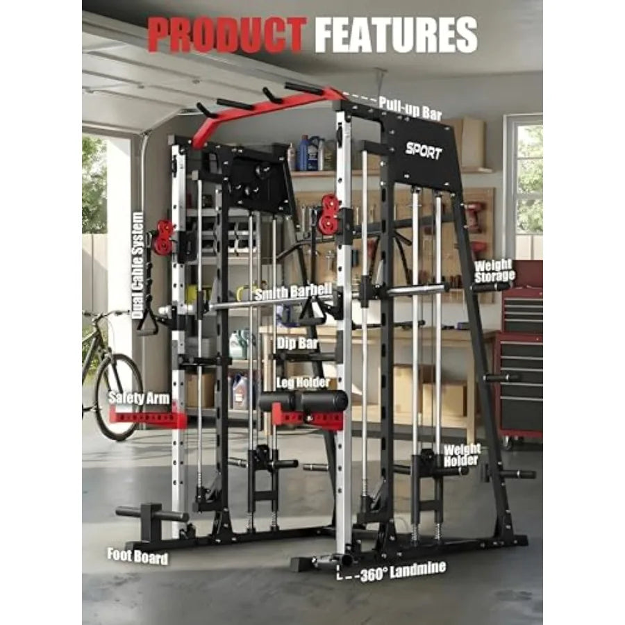 Smith Machine Home Gym All in One Power Cage 2200LBS Workout Equipment/Multifunctional Gym with Squat Rack Cable System LAT Pull
