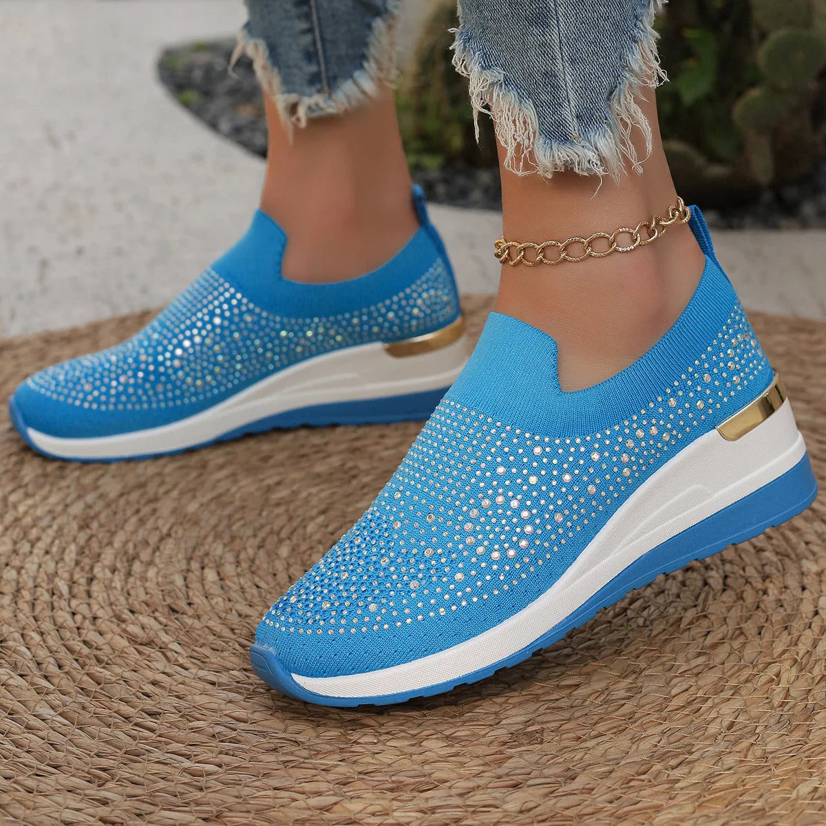 Orange Rhinestone Casual Sneakers Breathable Wedge Women/Lightweight Shoes Slip On New Comfortable Spring Mesh Sports Shoes