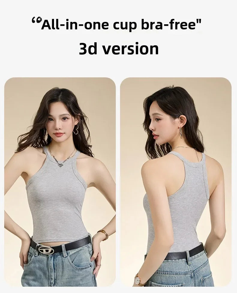 Threaded Halter Neck Camisole Top With Build-in Bra High Elastic/Slim-fitting Sling Fixed Cup Breathable Women Tank top