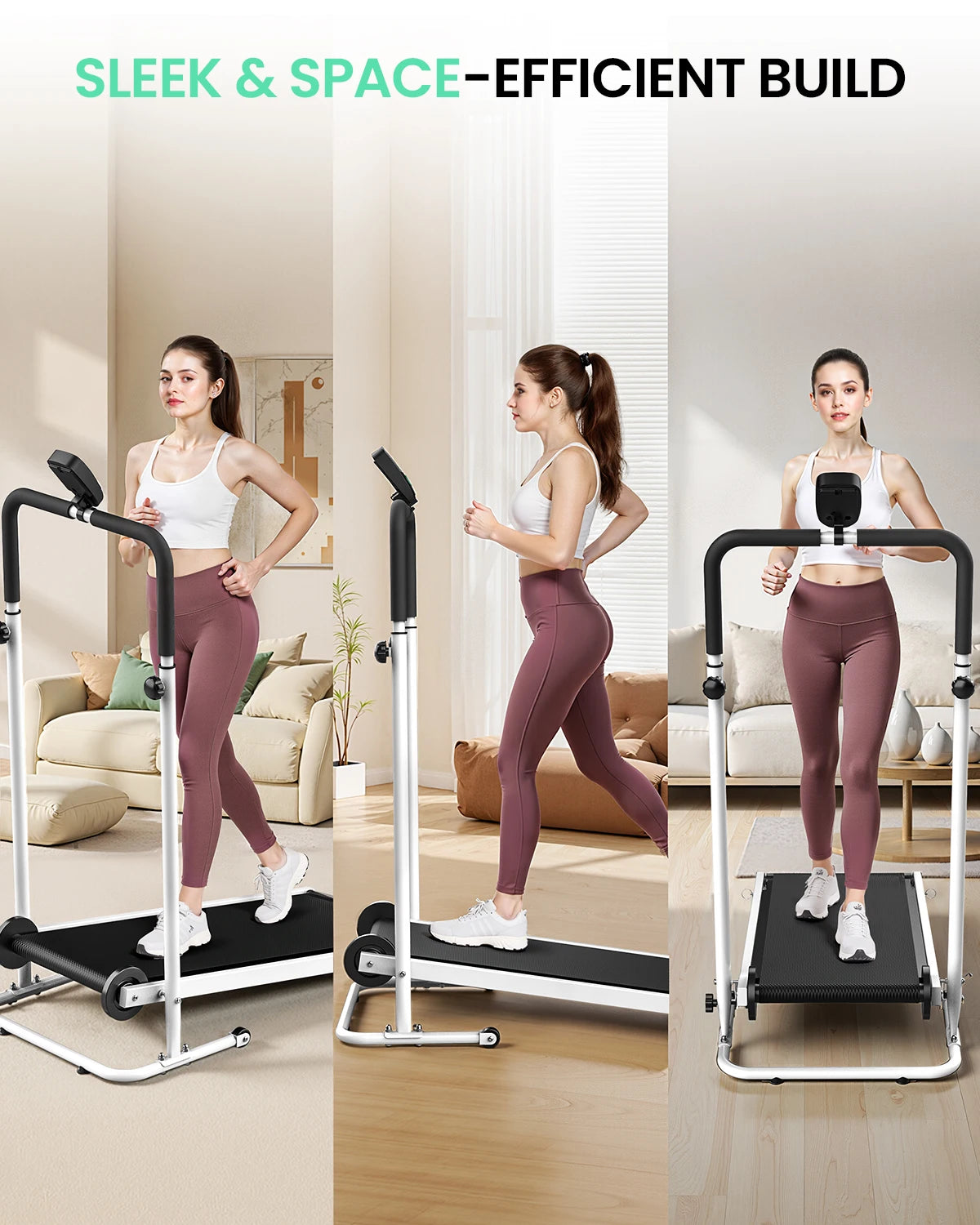 AKLUER Foldable Compact Non-Electric Treadmill/Dual Flywheel & Fixed Incline LCD Monitor, Non-Slip Belt, Soft Foam Grips for Home Gym