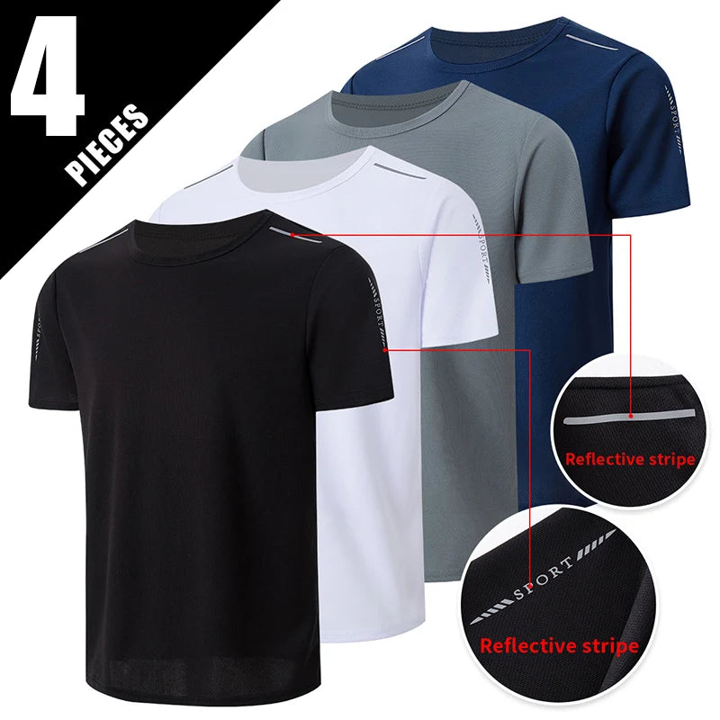 4/1 Pcs Men's Summer Multicolor Quick-drying Sports Short Sleeve/Loose Breathable Fitness Running Badminton T Reflective Strip