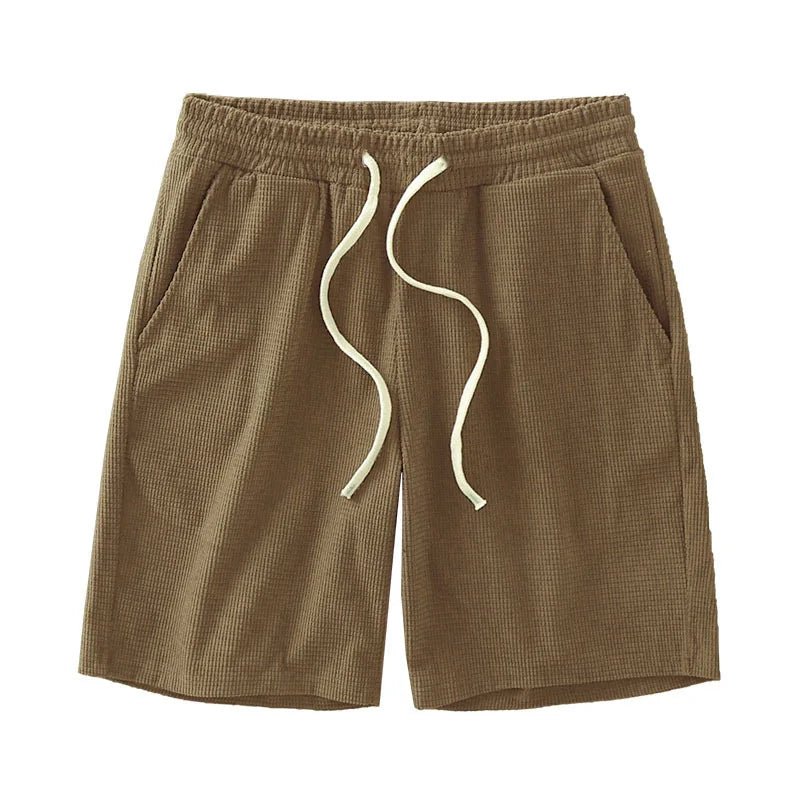 Men Shorts Solid Color Mid Waist Summer Motion Waffle Texture/Deep Crotch Drawstring Male Shorts Loose Knee Length Casual Short