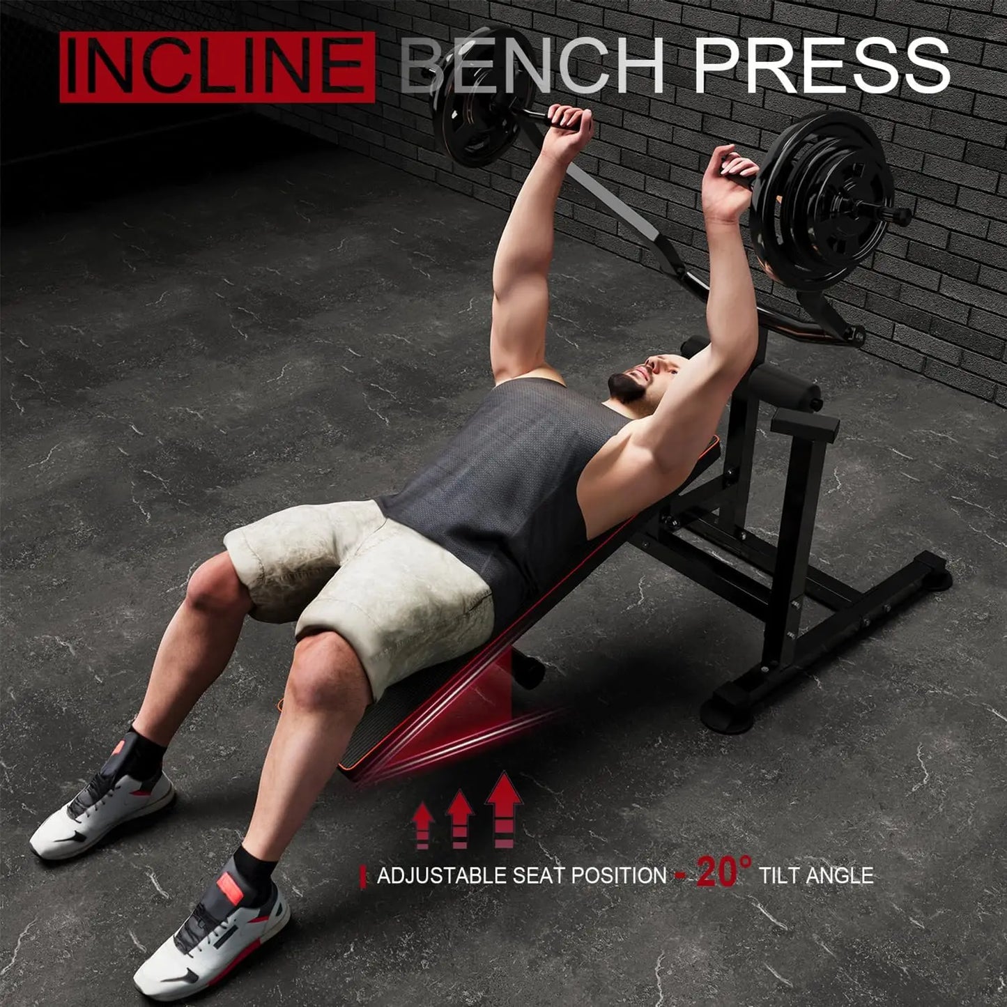 Bench Press Set Chest Press Machine with Independent Converging Arms/Adjustable Flat Incline Bench Press with Dumbbell Rack for