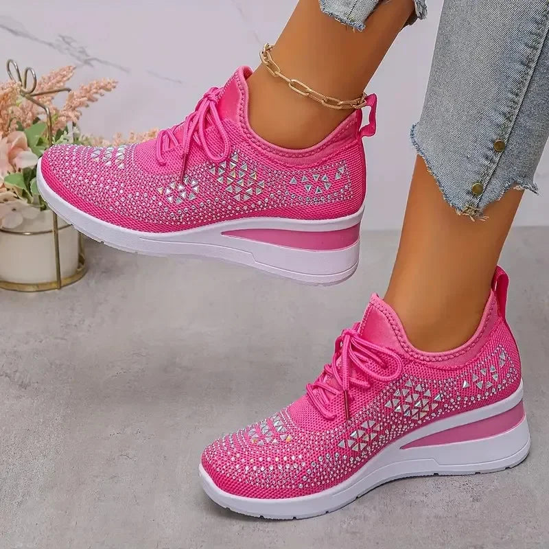 Women's Shiny Rhinestone Wedge Sneakers Breathable Non Slip/Walking Shoes Woman Plus Size Fashion Thick Sole White Sneakers