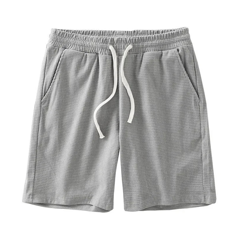 Men Shorts Solid Color Mid Waist Summer Motion Waffle Texture/Deep Crotch Drawstring Male Shorts Loose Knee Length Casual Short