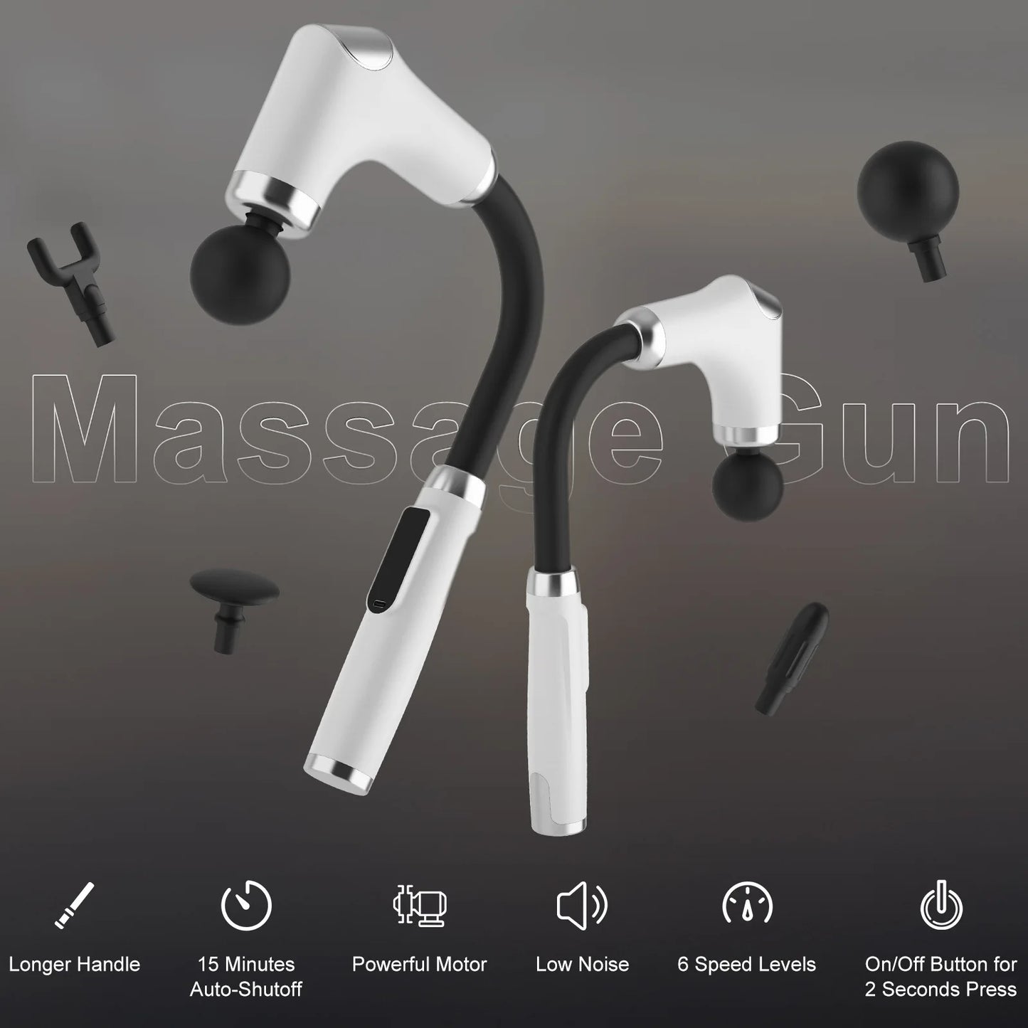 New 8-in-1 Long-Handle Massage Gun. Relieves Back and Full-Body Muscle Tension/6 Speeds & 3 Massage Modes for Deep Tissue