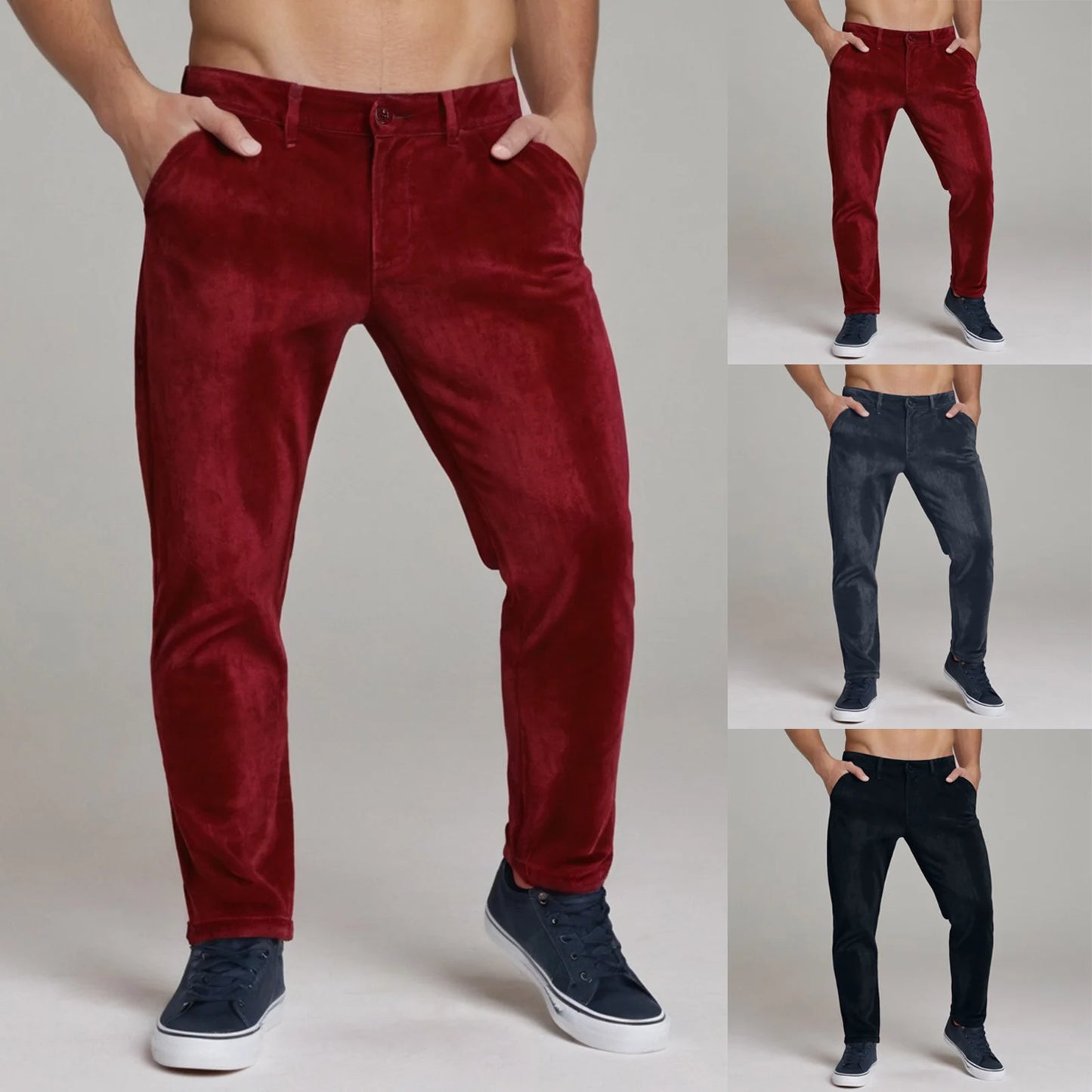 Men's Casual Fashion Pants Solid Color Golden Velvet Slim Fit/Calf Pants Elastic Rope Breathable New Cotton Men's Casual Pants