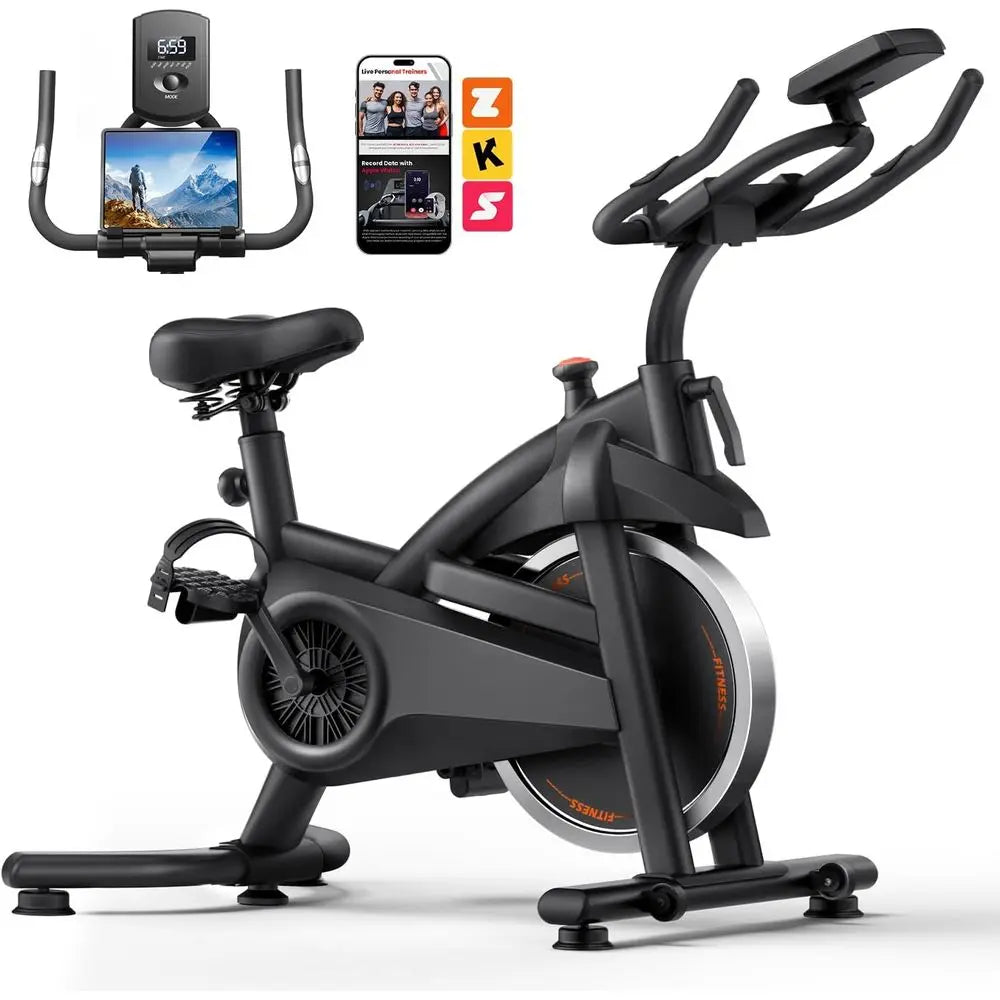 Stationary Exercise Bike Belt Drive Silent 0-100 Resistance With App Heart Rate/Tablet Bottle Holder 300LB Home Cycling Workout