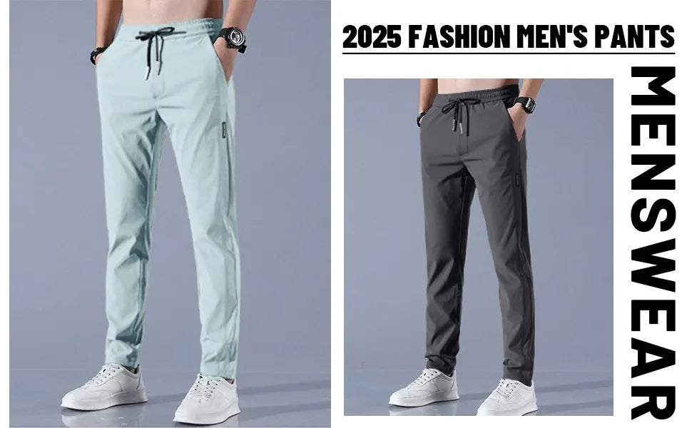 Men Fast Dry Stretch Pants Ice Silk Trousers Solid Color Mid-Waist/Loose Breathable Straight-Leg Casual Pants Thin Sports Pants