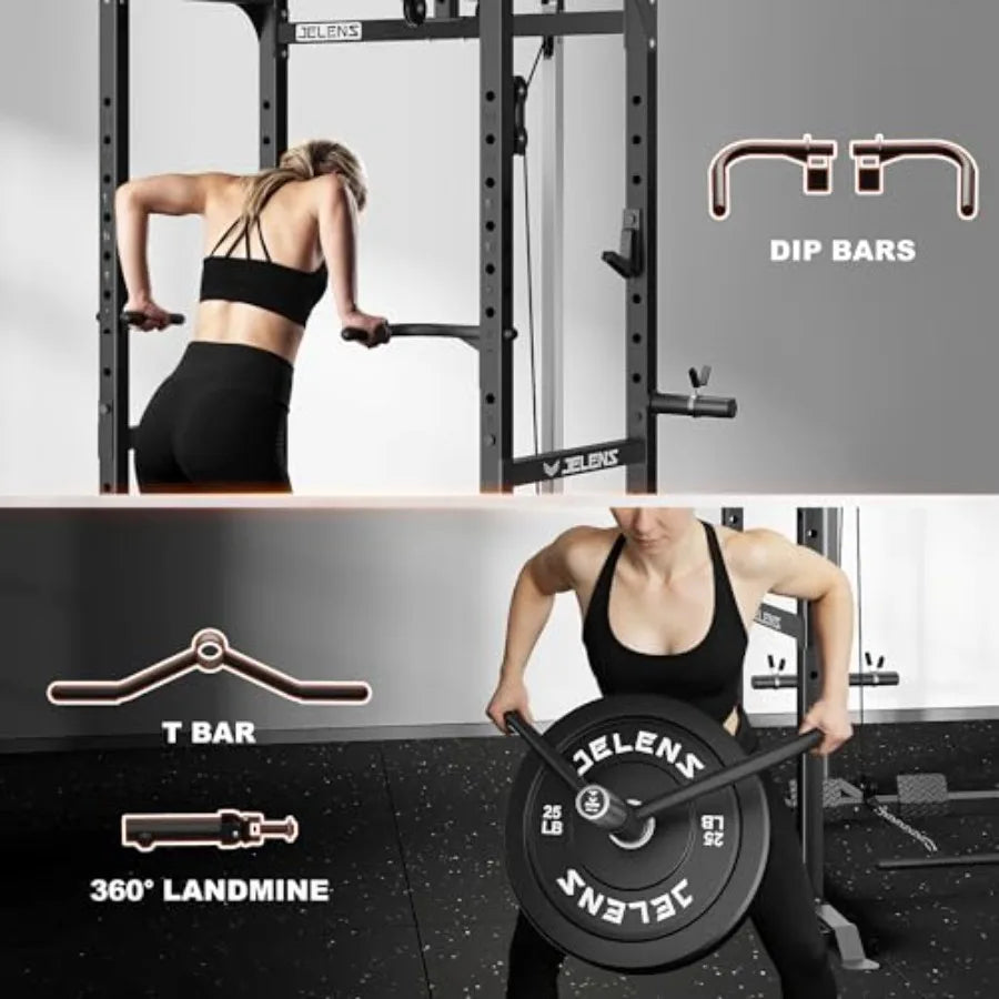Home gym power cage with steel construction black finish 2000LBS capacity/and adjustable cable crossover system for versatile
