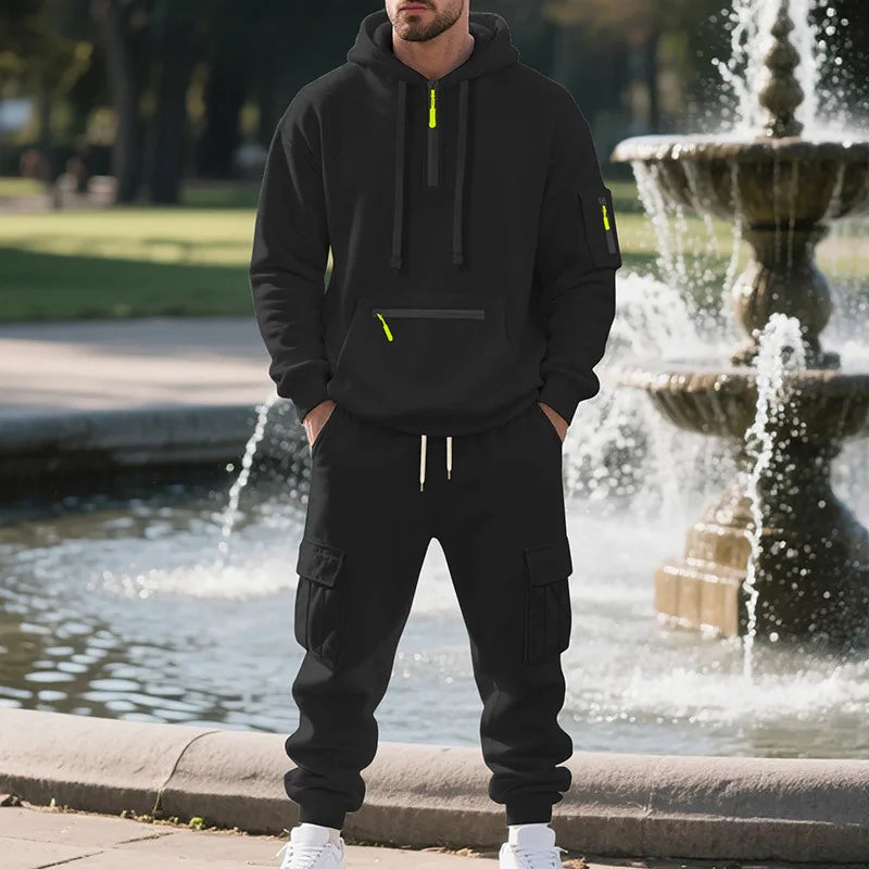 Men's sports suit style autumn and winter fleece men's casual/sportswear zipper sweater multi-pocket work pants suit