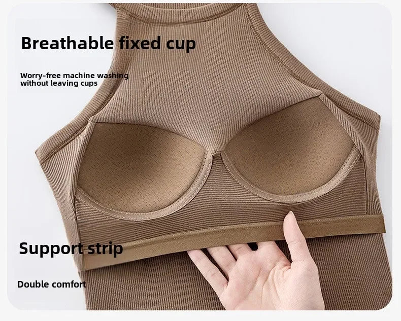 Threaded Halter Neck Camisole Top With Build-in Bra High Elastic/Slim-fitting Sling Fixed Cup Breathable Women Tank top