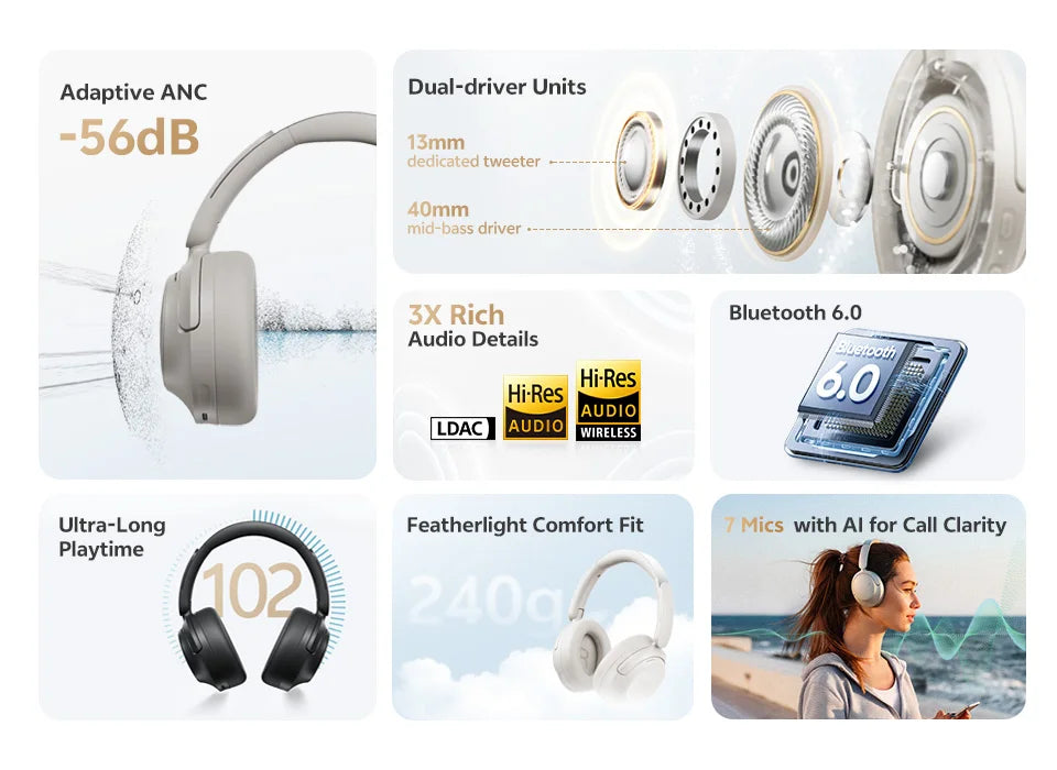QCY H3S Over Ear Headphone Hi-Res LDAC Spatial Sound Headset/H3S -56dB Adaptive ANC Wireless Earphone Bluetooth 6.0 102Hrs