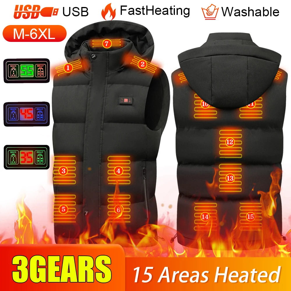 Men's Electric Heated Jackets Windproof/Stand Collar Heated Vest 15 Areas Heating