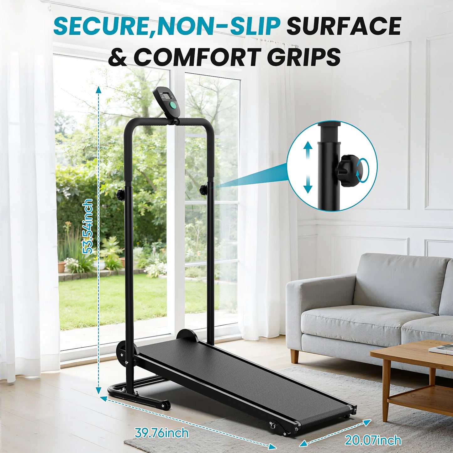 Akluer Non-Motorized Foldable Workout Treadmill/Dual Flywheel with Fixed Incline, LCD Monitor, Slip-Resistant Belt & Comfort Foam Grips