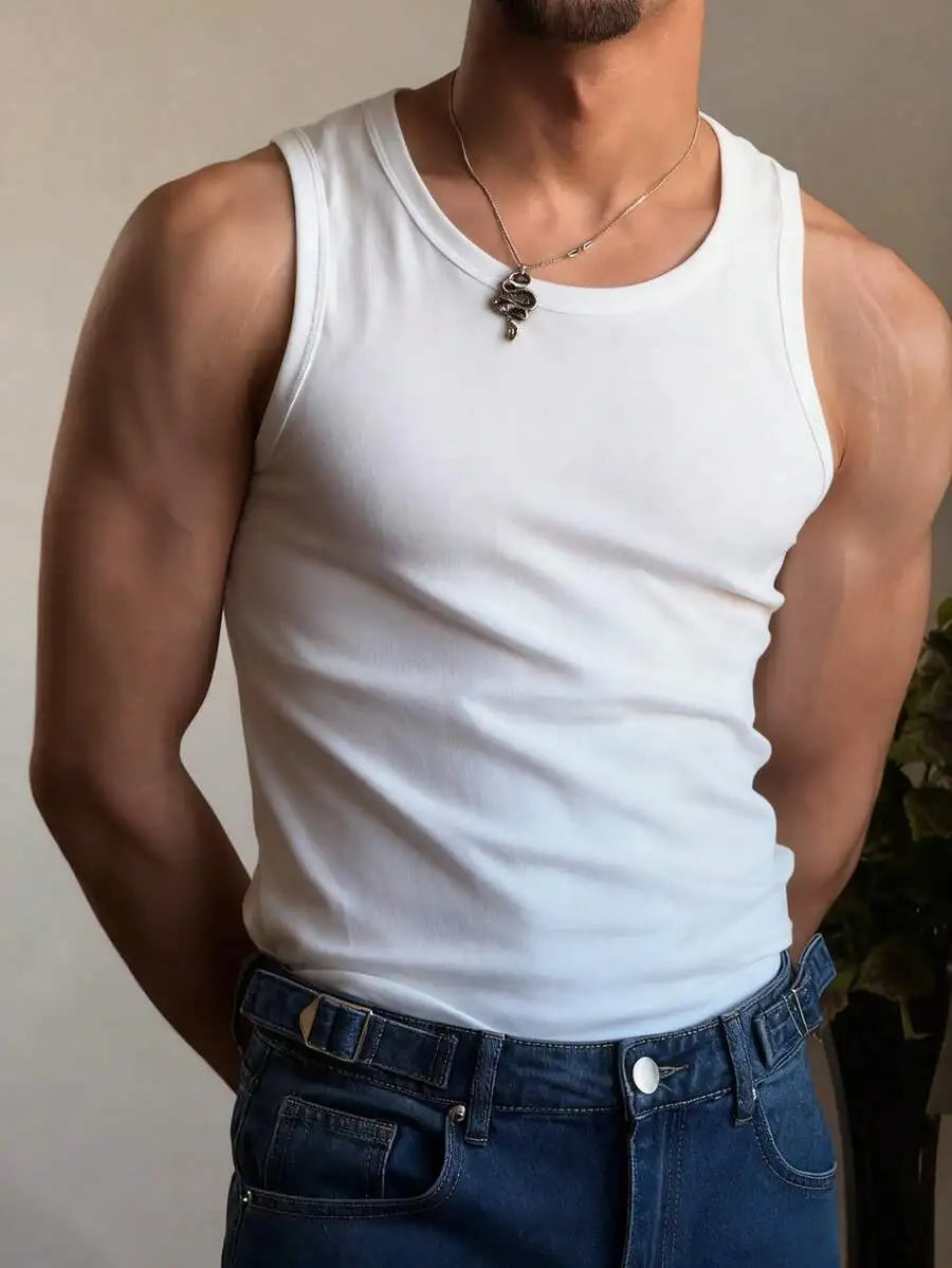 FRACTYR Men's Casual Sports Fitness Solid Color Narrow Shoulder/Tank Top | Daily Fashion Versatile Sleeveless T-Shirt