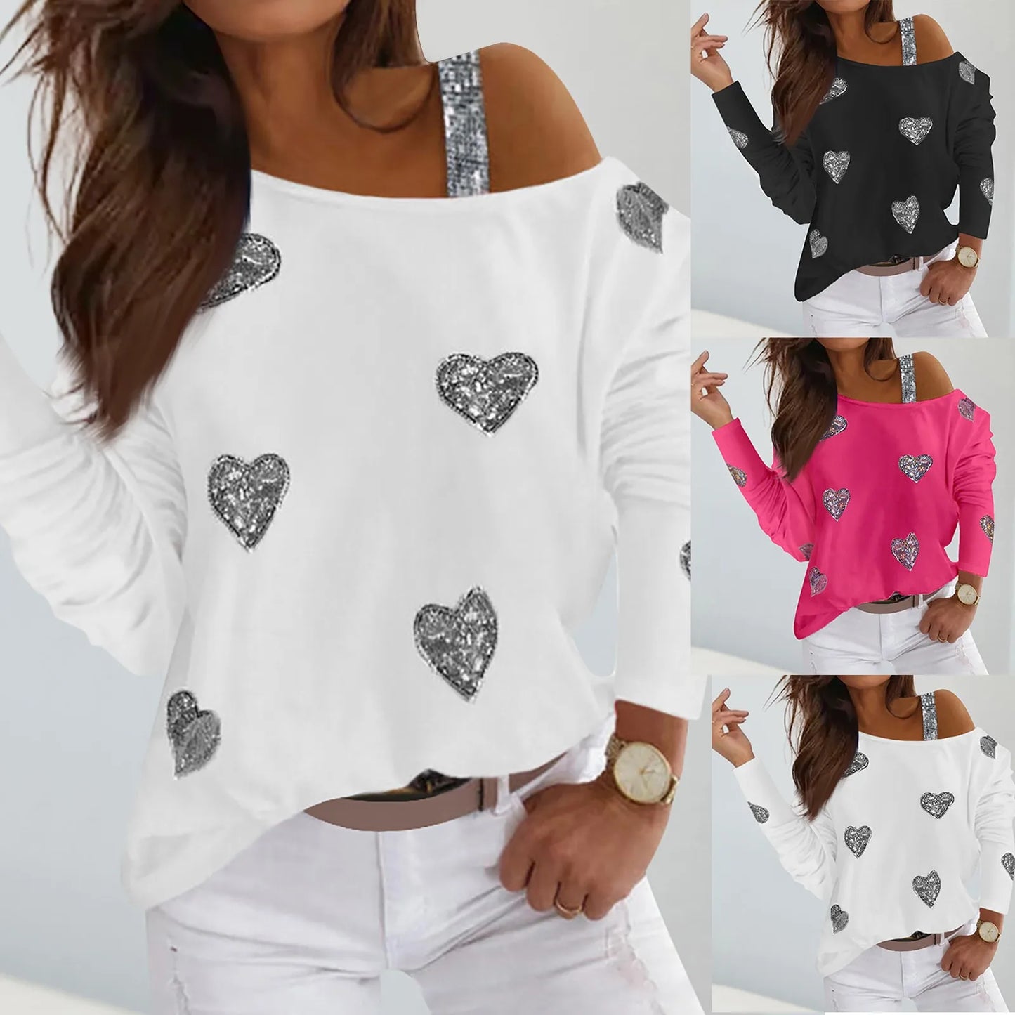 Fashion Heart Print T Shirt Women Spring Long Sleeves/Skew Collar Off Shoulder Tops Tee Shirt