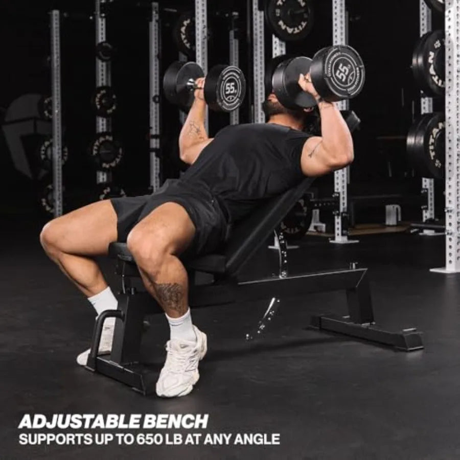 Home gym weightlifting bench: steel, black 650 LB capacity/adjustable flat/incline/upright positions for strength training