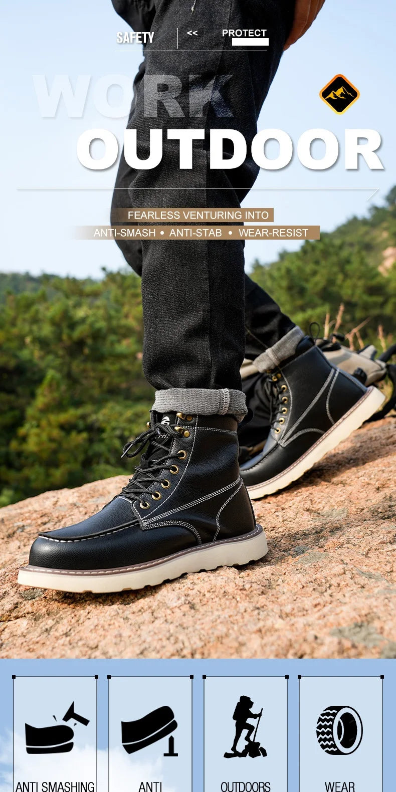 Two layer cowhide men's anti-smash/anti-puncture high top work safety shoes
