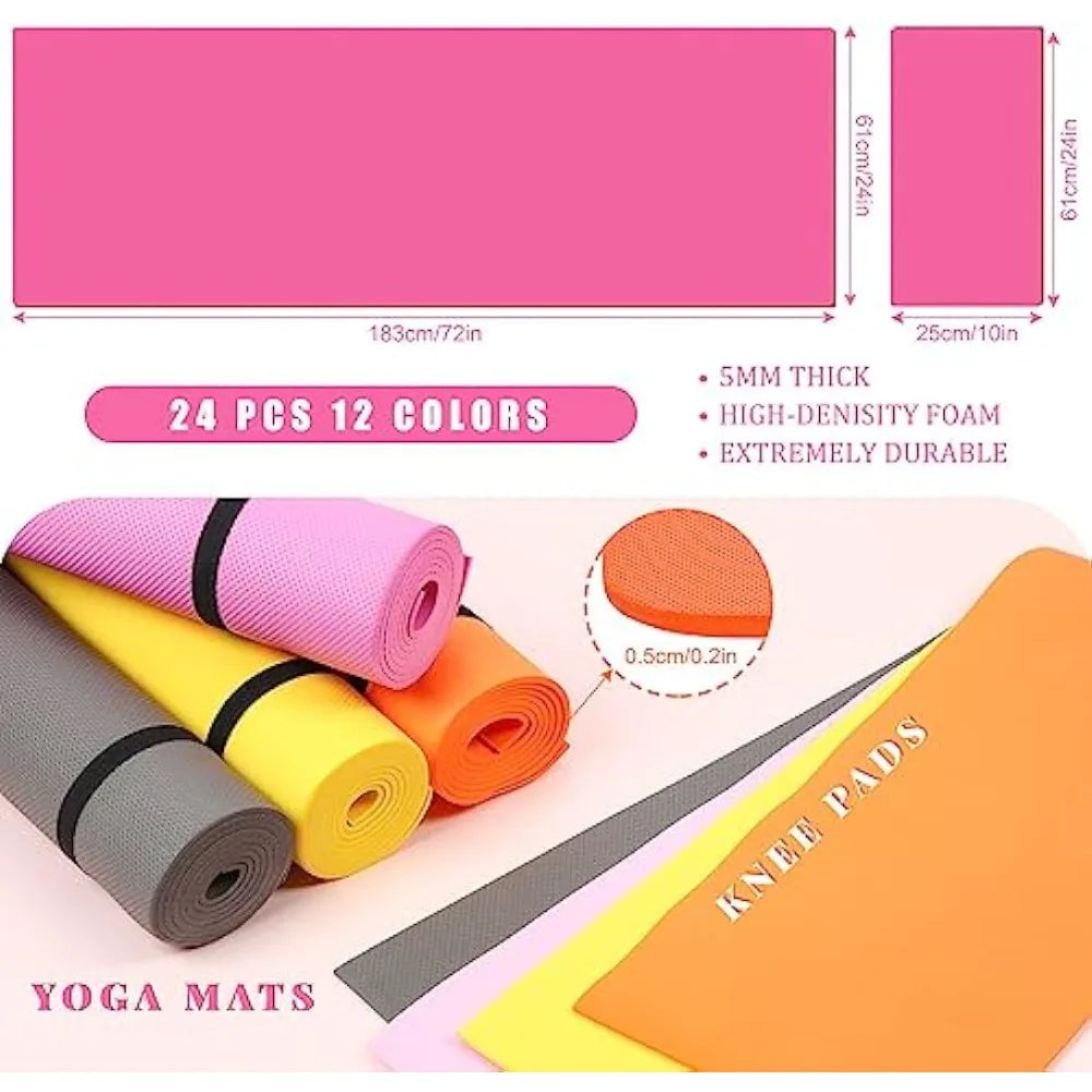 Nuanchu 24 Pieces Yoga Mats Set Yoga Mats Bulk and Knee Pad Carrying Straps/Thick Colorful Non Slip Fitness Mats