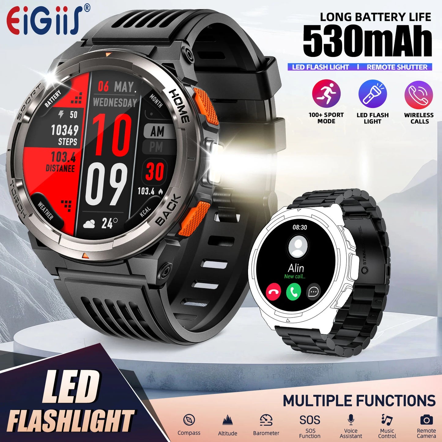 EIGIIS 1.45 Inch Smart Watch KE5 3ATM Waterproof Original Design/Sports Watch With Compass And Altitude Barometer LED Flashlight