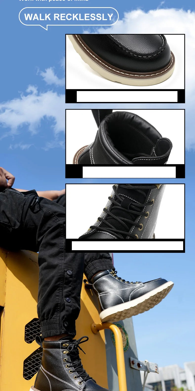 Two layer cowhide men's anti-smash/anti-puncture high top work safety shoes