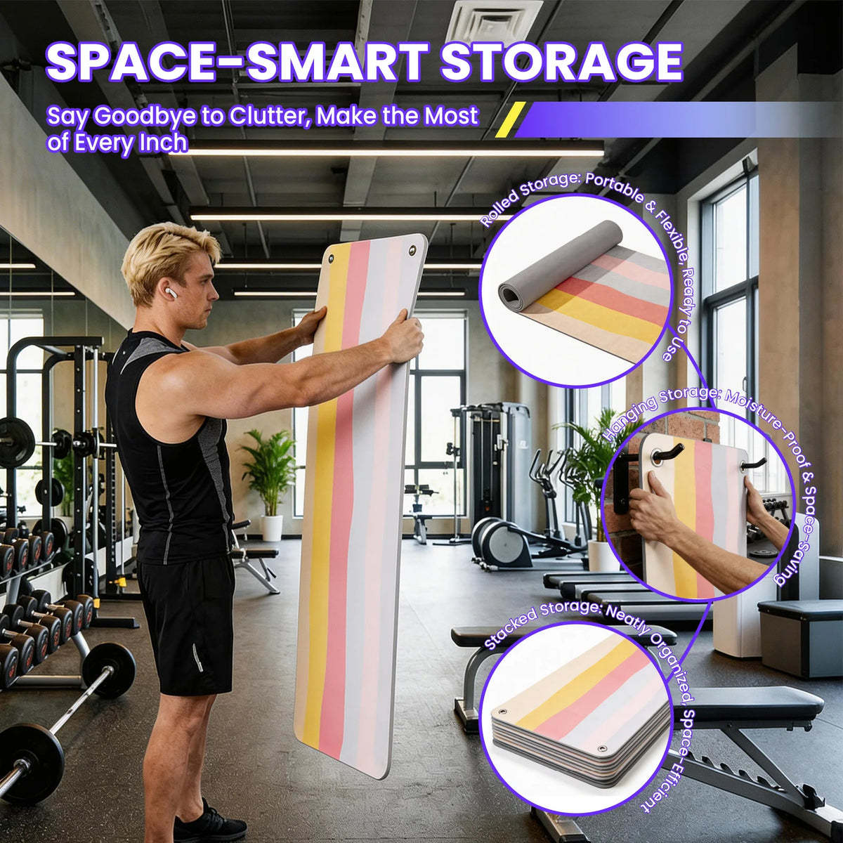 Hanging Fitness Exercise Mat, 71"×24" Non-Slip Foldable Workout Mat/with Metal Grommets for Yoga Strength Training Home Gym
