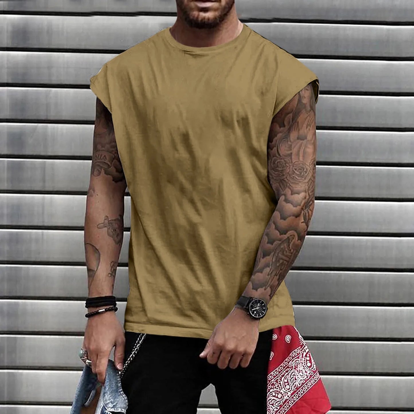 Summer Men's Solid Color Printed Sweat-Absorbing Breathable/Shoulder Expanding Sleeveless Vest Man Sleeveless Shirt