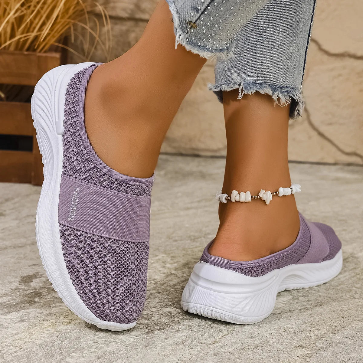 Women's Closed Toe Slip On Sneakers, Breathable Knit Mesh/Comfort Shoes Air Cushion Platform Walking Shoes for Daily Use