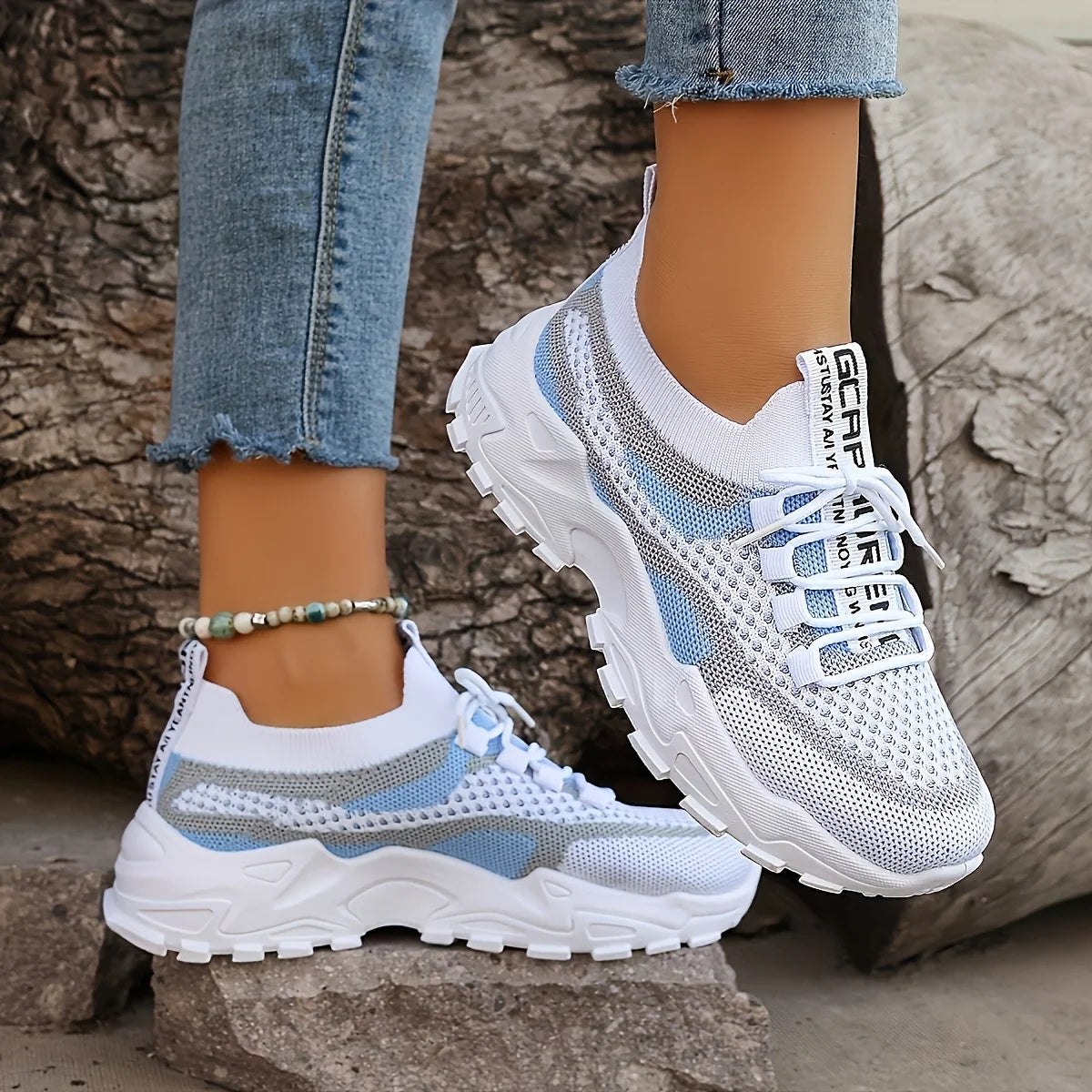 Ladies Breathable Mesh Patchwork Chunky Sneakers/Lace Up Height Increasing Platform Walking Shoes Non Slip Shoes