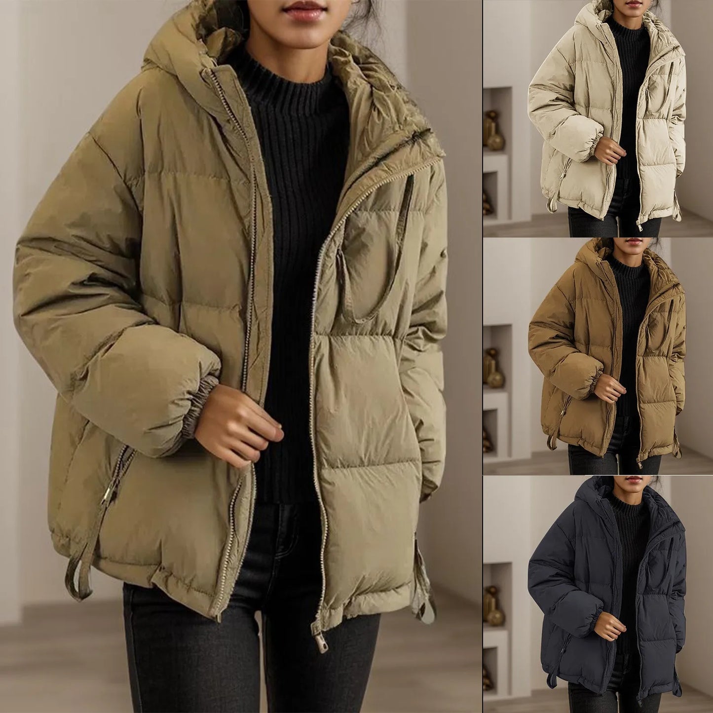 Women's Solid Color Jacket Hood Zip Up Winter Warm Cotton Padded/Coat Women Plus Size Jackets Black Oversize