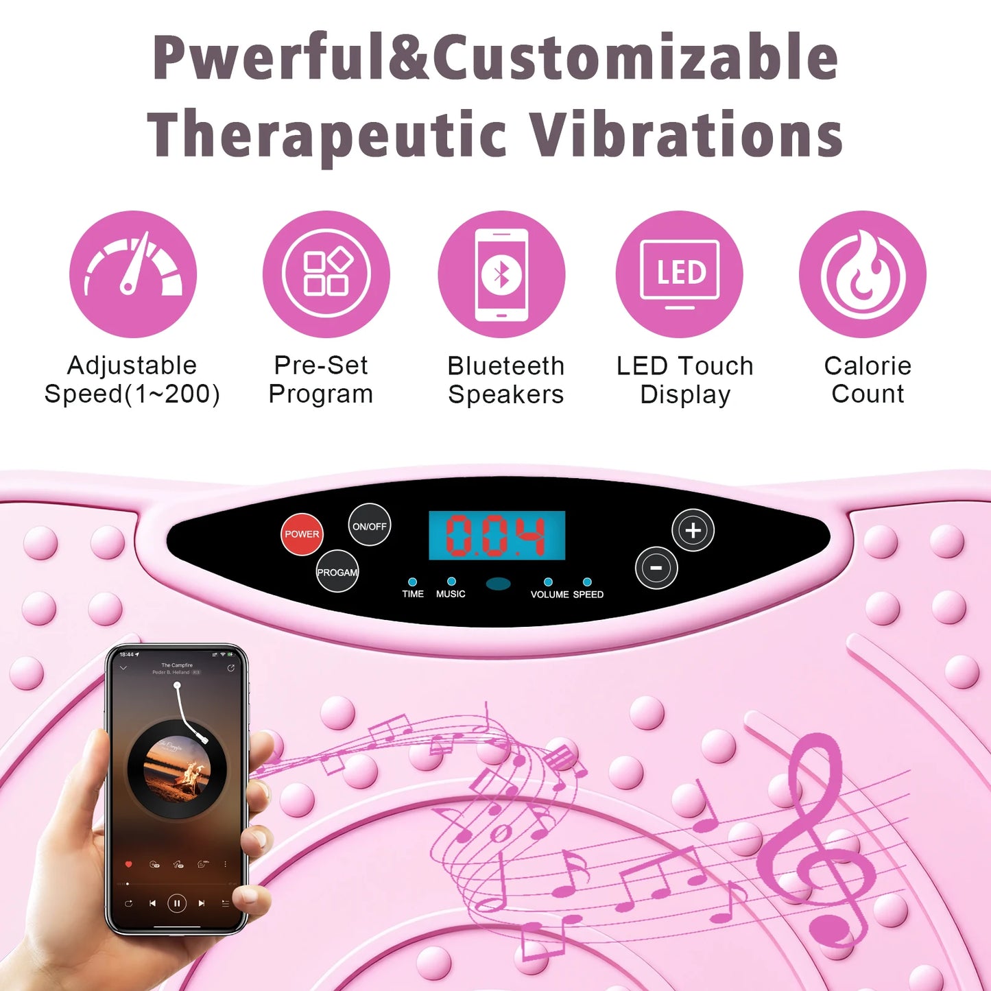Portable Vibration Plate Exercise Machine Workout Platform with Bluetooth/Resistance Bands 5 Yoga Straps 10 Auto 200 Manual Speed Settings