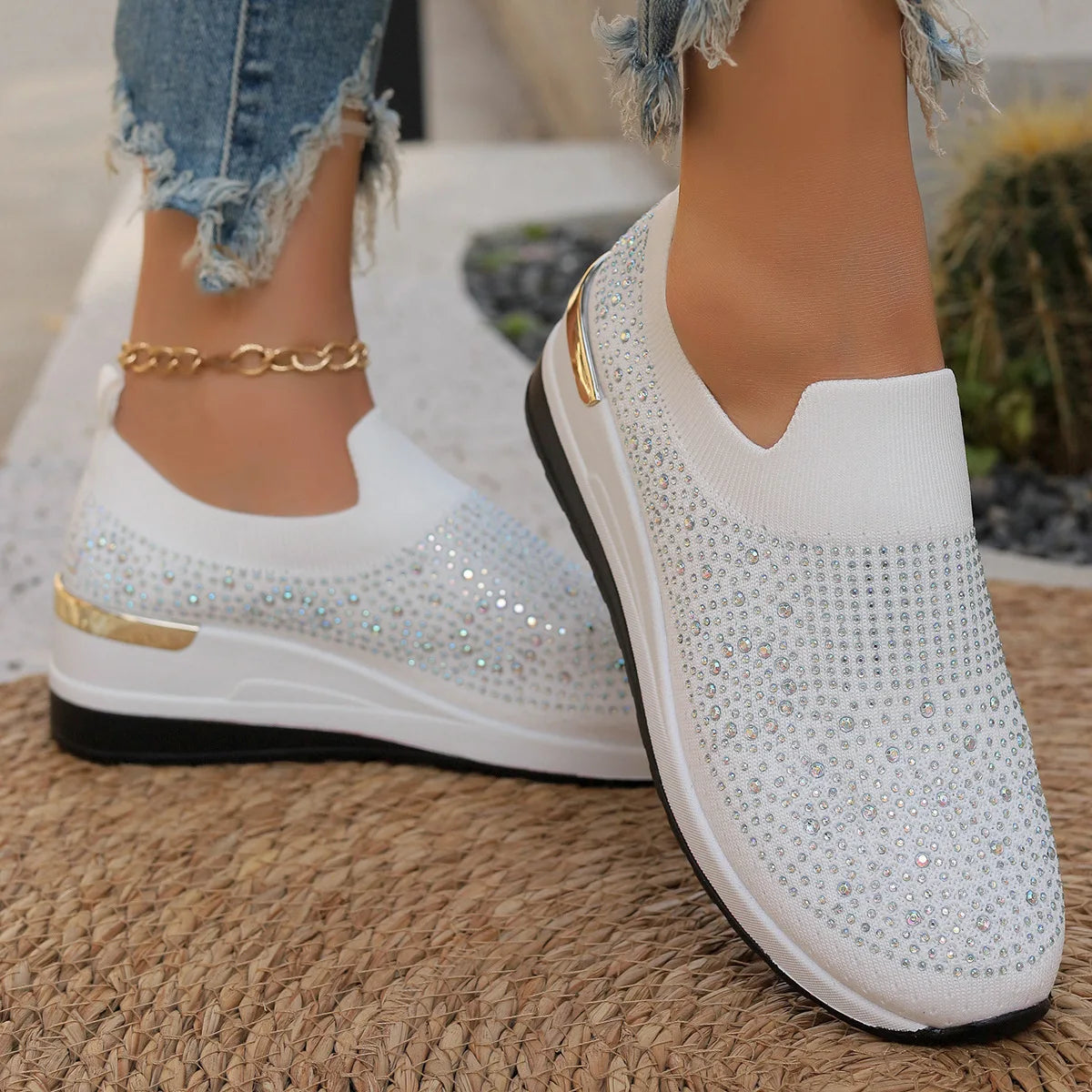 Orange Rhinestone Casual Sneakers Breathable Wedge Women/Lightweight Shoes Slip On New Comfortable Spring Mesh Sports Shoes