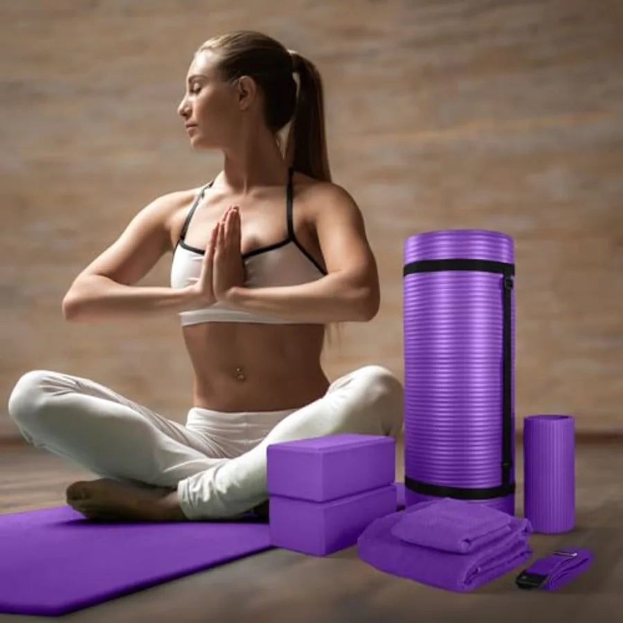 7-Piece Yoga Set with 71x24x1 Inches Extra Thick Mat/and Carrying Sling Includes 2 Blocks, Stretch Strap 2 Towels and Knee Pads