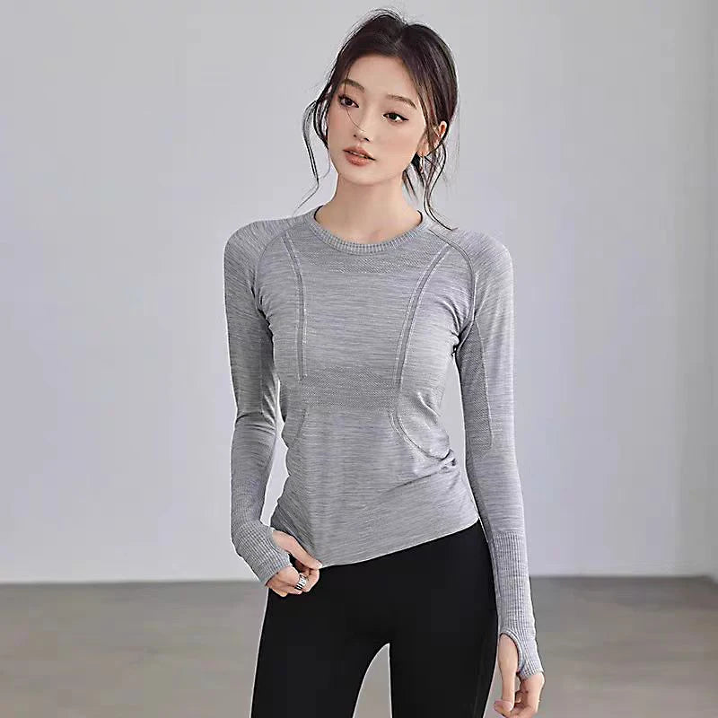 Yoga Clothes for Women, Sports Tops Round Neck Seamless Slim/Running Shirt Fitness Workout Long Sleeves Gym T shirt